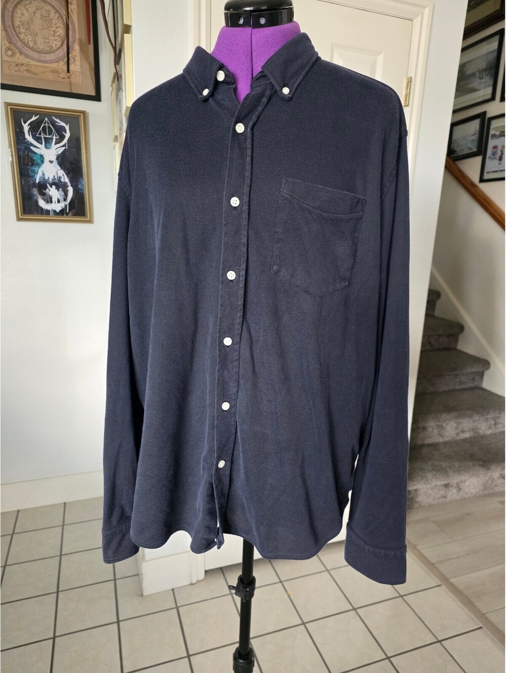 Mens Banana republic slim fit xl cotton blend navy button up collared top